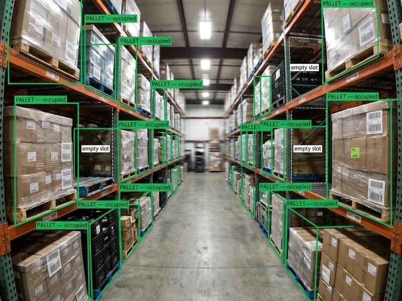 Forklift-mounted edge vision detecting pallet occupancy and slot status during warehouse movement