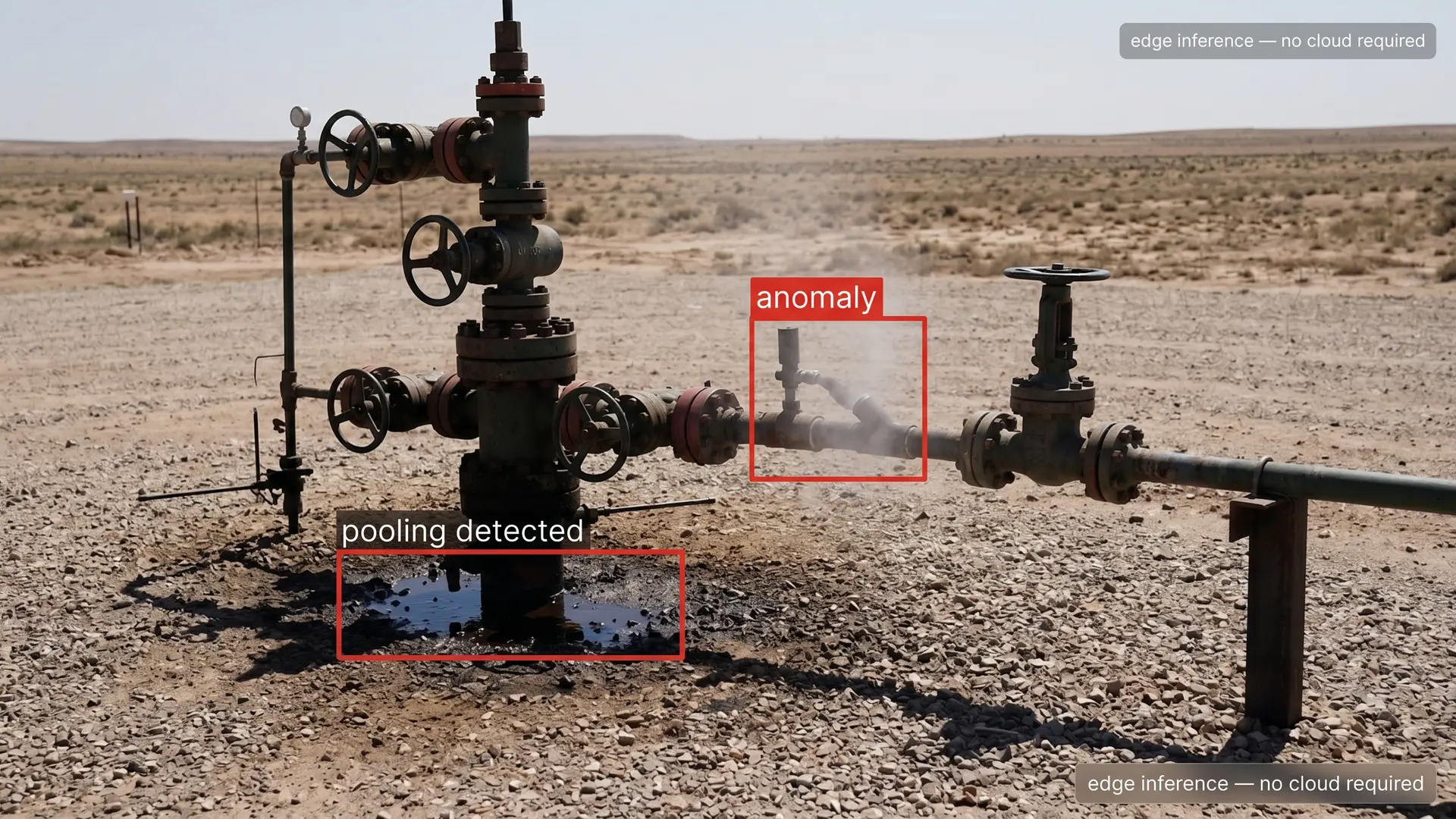 Remote wellhead edge camera detecting liquid pooling and vapor anomalies without cloud connectivity