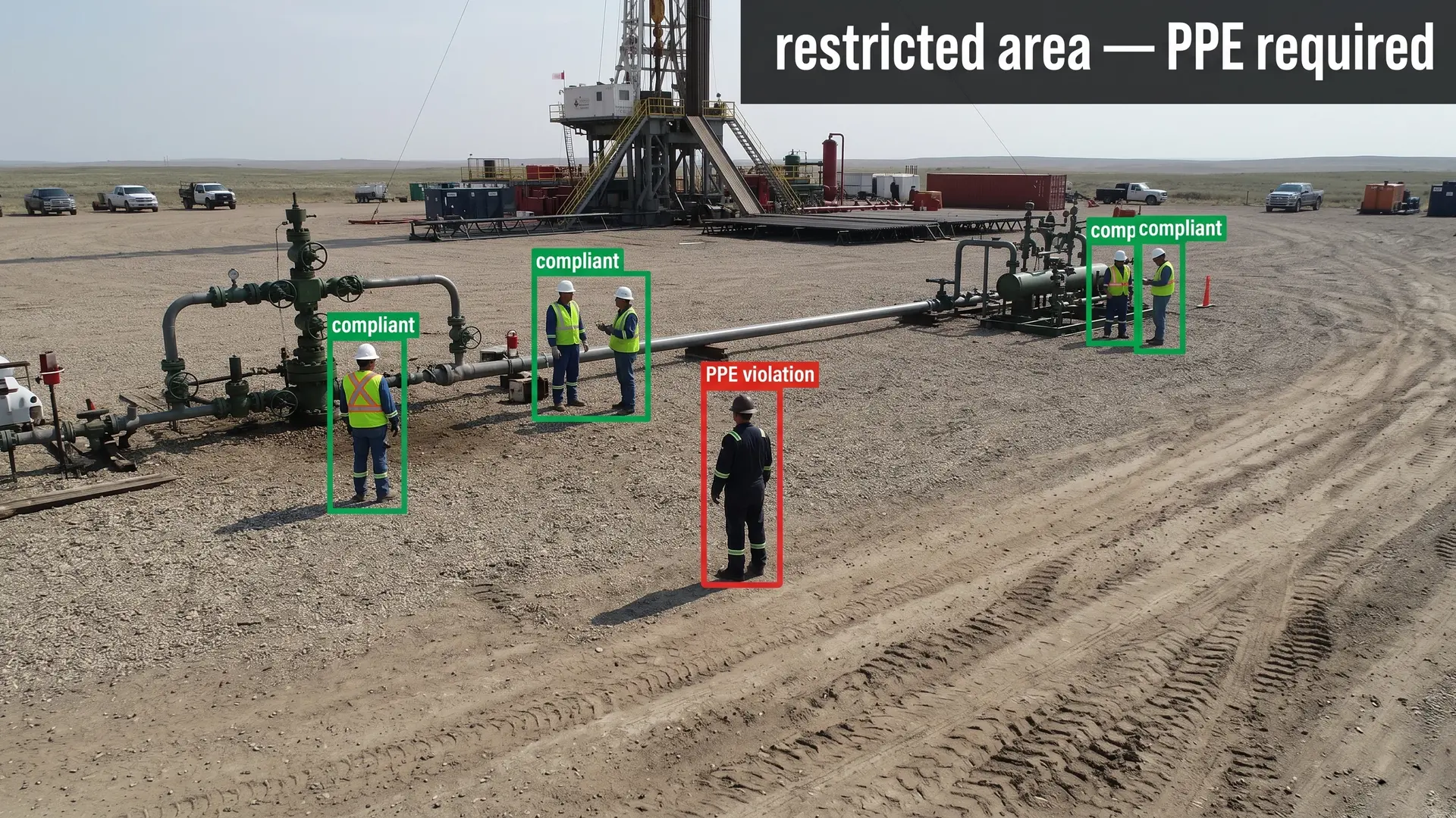 HSE PPE compliance zone monitoring with edge detection of hardhat and vest violations