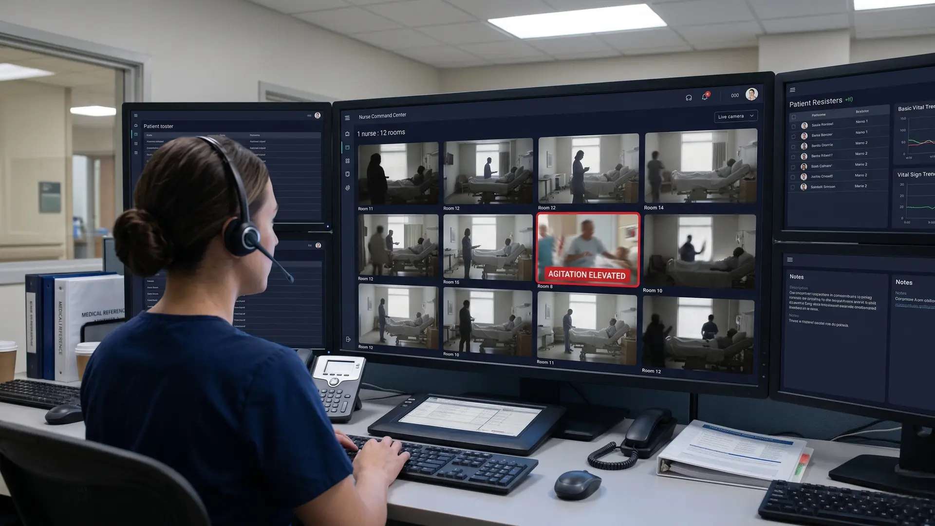 Virtual nursing dashboard monitoring multiple patient rooms with edge-derived agitation scores