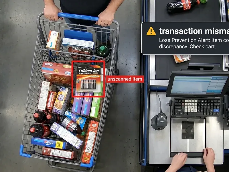 Retail checkout with edge vision correlating unscanned cart items with POS exception alerts