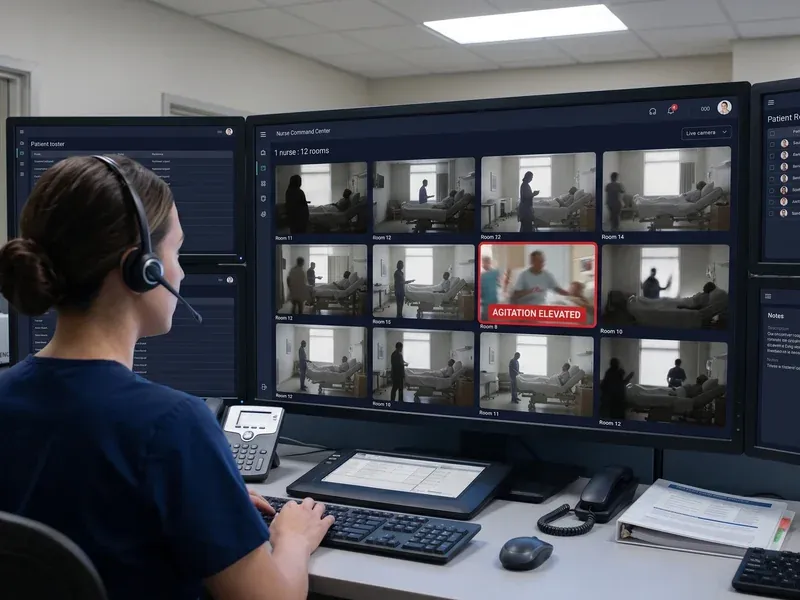 Virtual nursing dashboard monitoring multiple patient rooms with edge-derived agitation scores