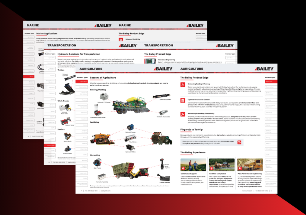 Spread from the Bailey industry brochures, mapping products to the industries they serve