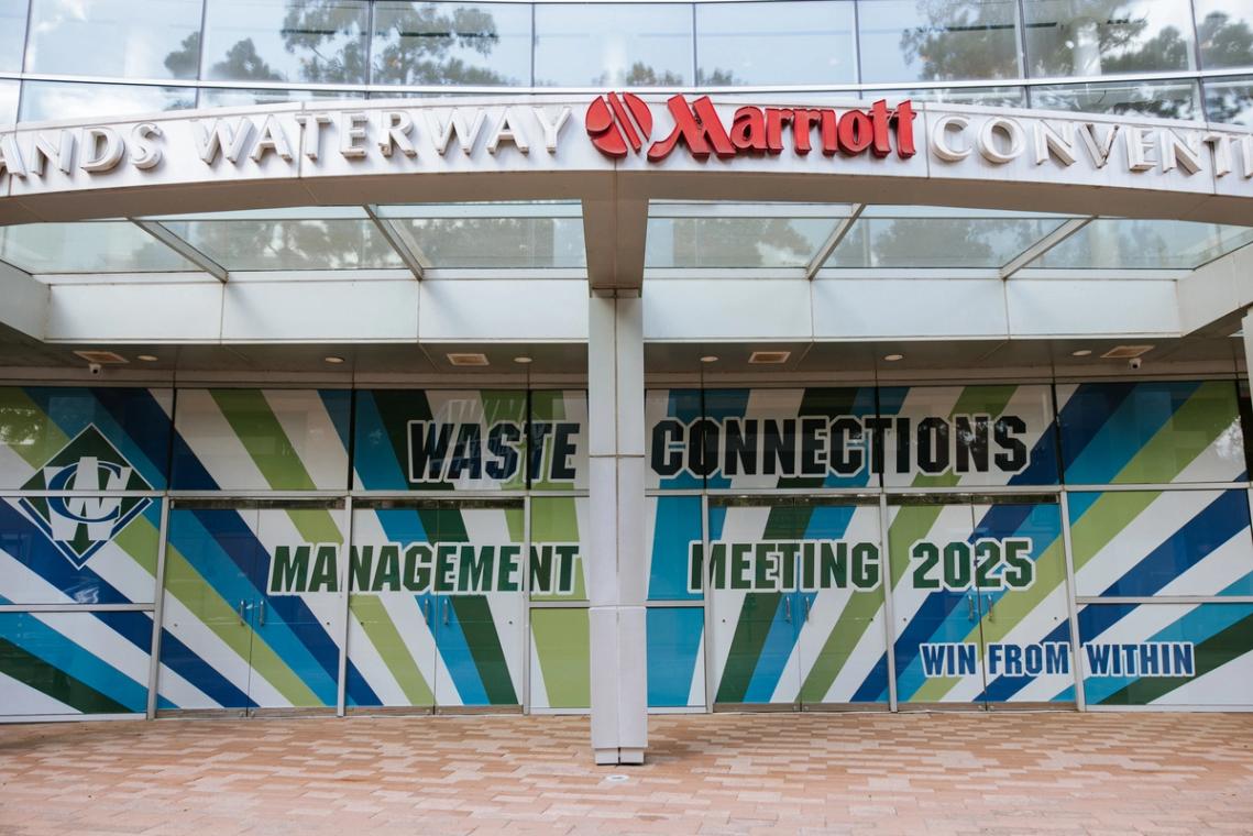 Waste Connections Management Meeting 2025 window wrap across the convention centre entrance