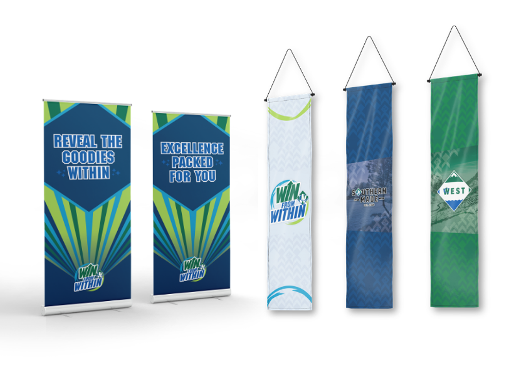 Roll-up and hanging banners carrying the Win from Within identity through the summit spaces