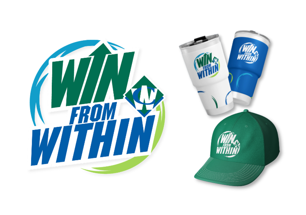 Win from Within event logo alongside branded tumblers and a cap