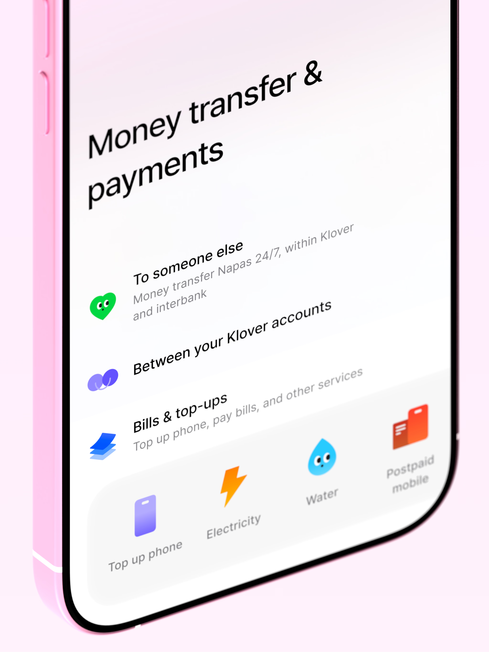 Mobile money transfer and payments interface mockup.