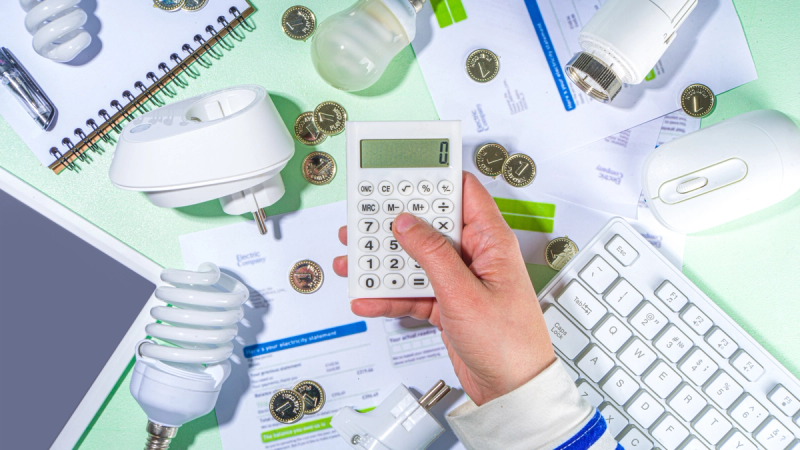 Hand holding a calculator surrounded by energy-saving light bulbs, power plugs, coins, and utility bills, representing business energy management and savings.