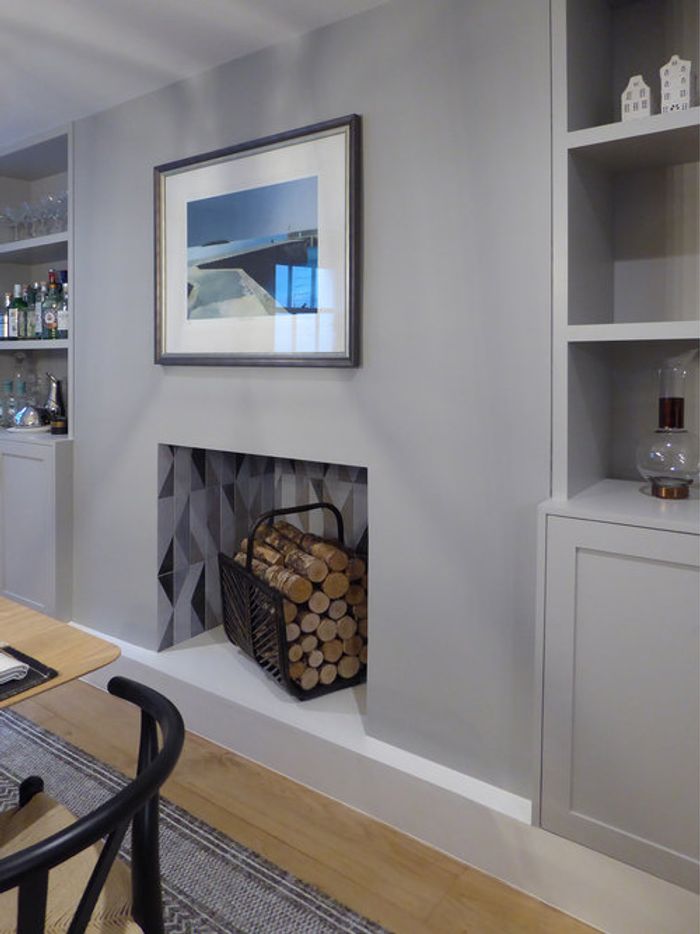 fireplace and alcoves