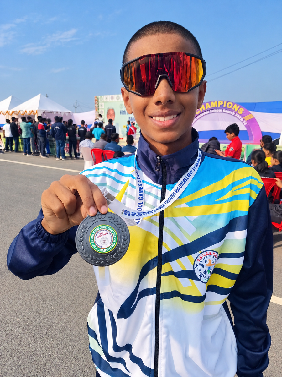 Juan holding his bronze medal at the 67th National School Games cycling, Ranchi
