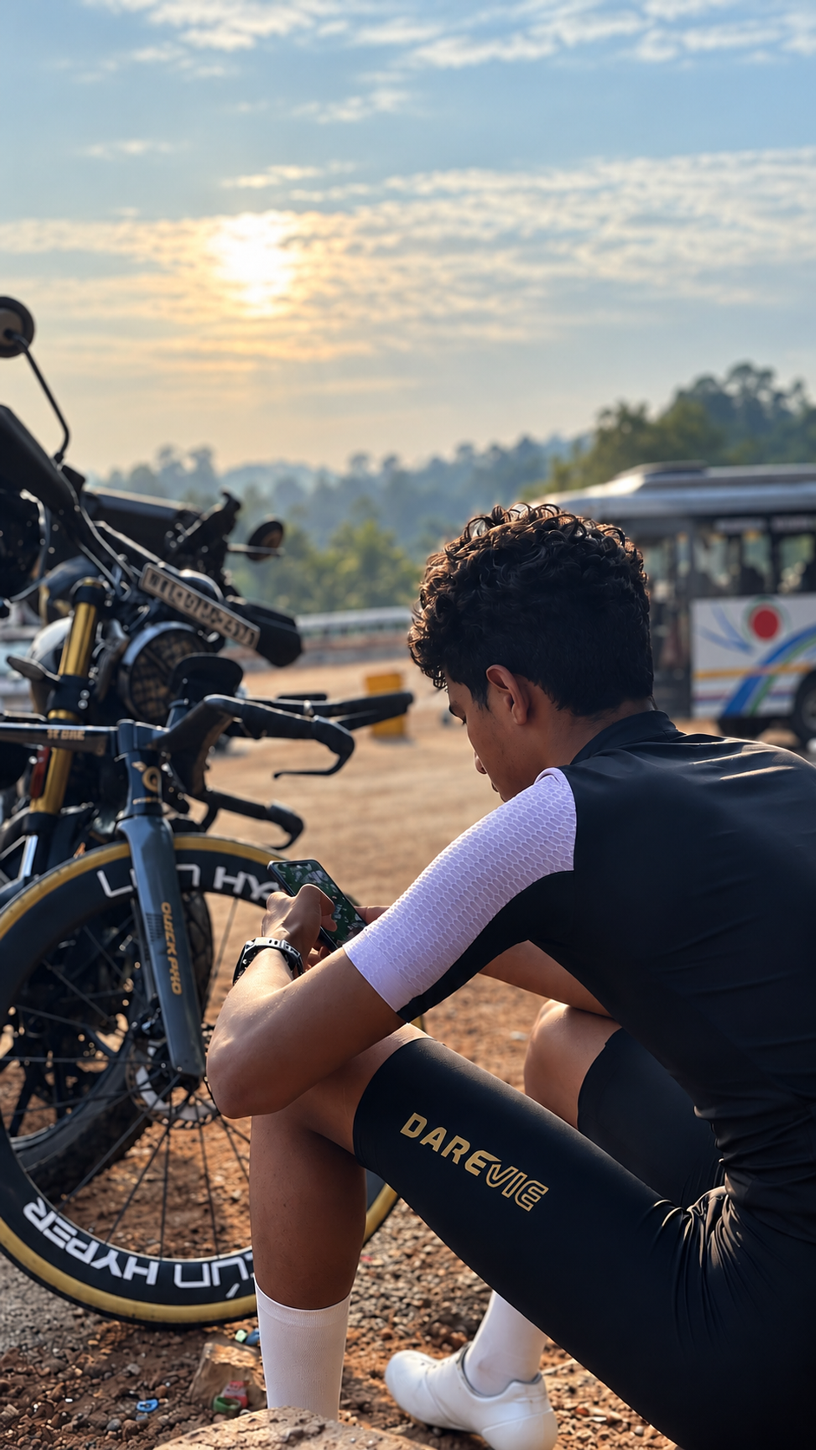 Juan Joy sitting beside his road bicycle in cycling kit, looking at his phone after a ride.