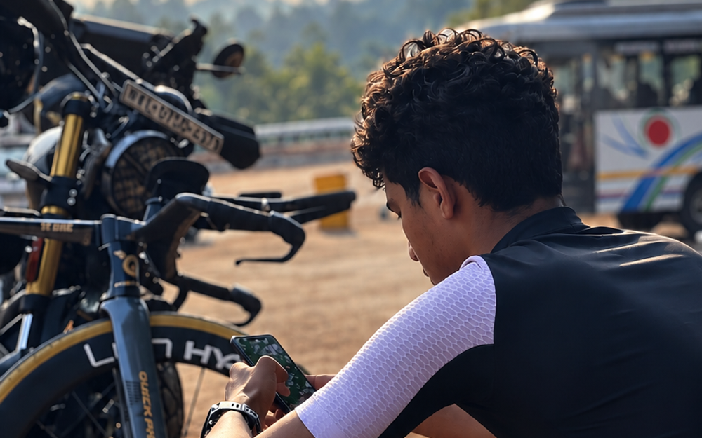 Juan Joy sitting beside his road bicycle in cycling kit, looking at his phone after a ride.