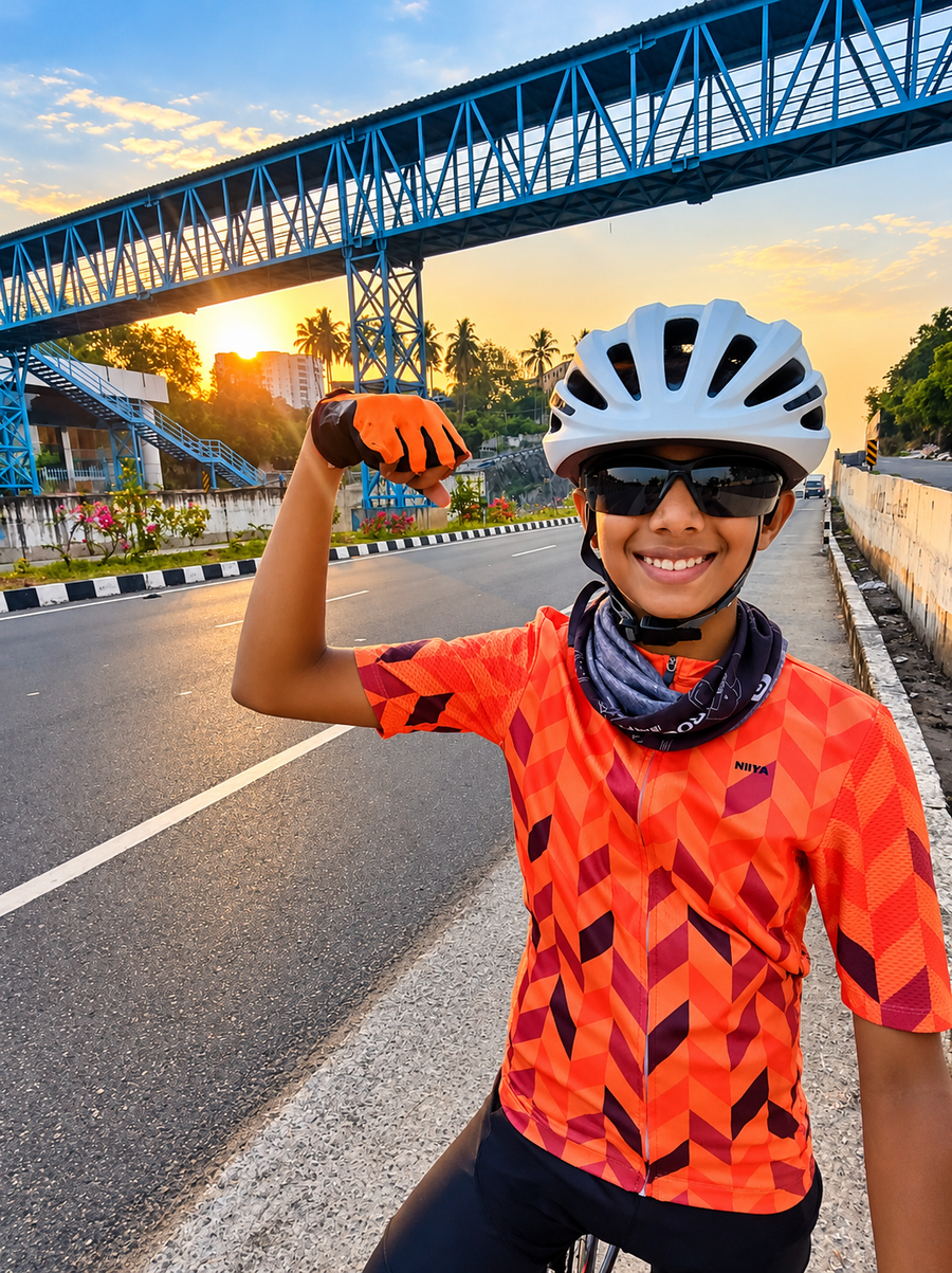 Juan Joy wearing a helmet, sunglasses and an orange cycling jersey, raising his arm on a road beneath a blue bridge at sunrise.