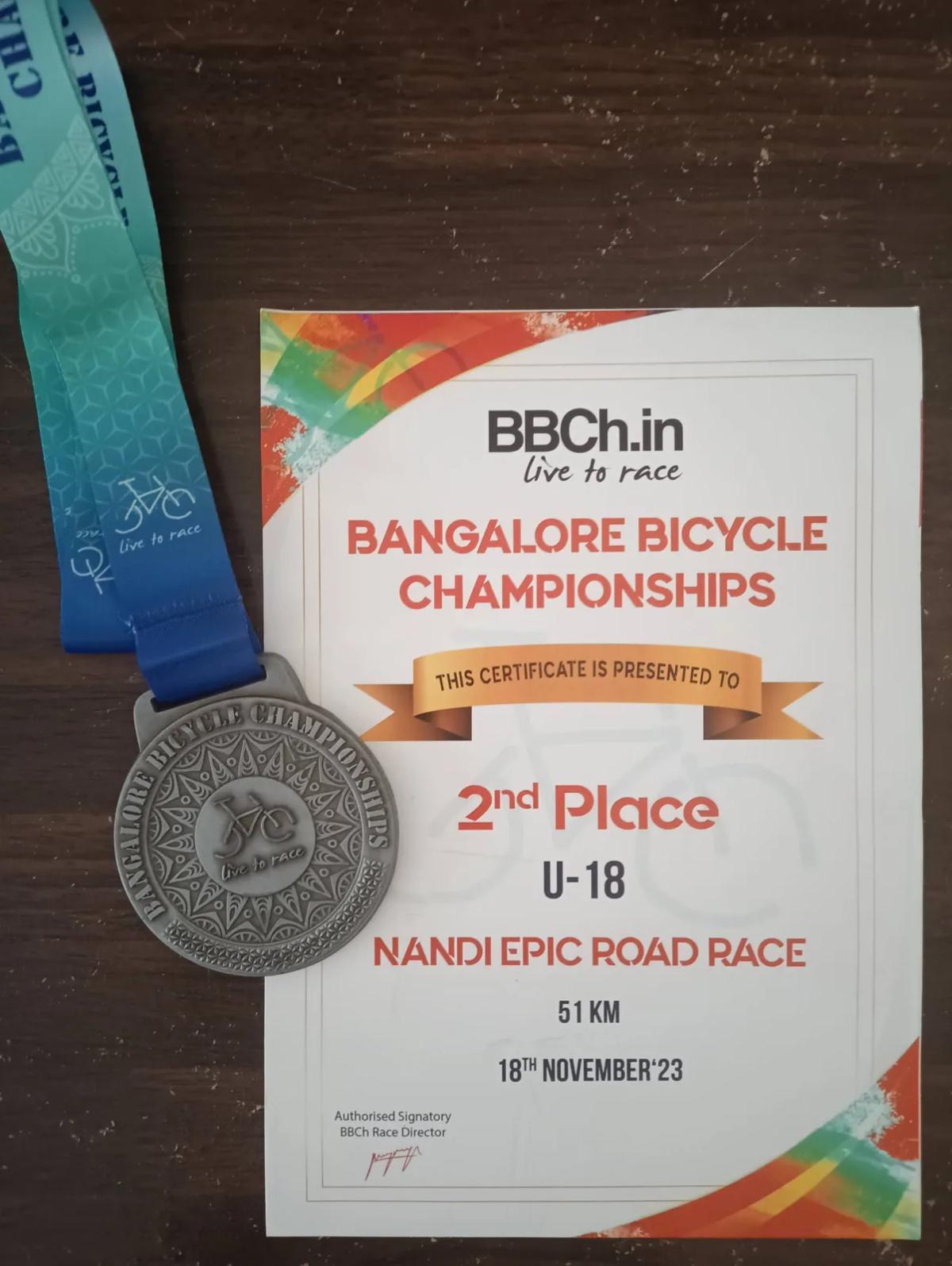 Medal and 2nd place certificate, U-18 Nandi Epic Road Race, 51 km, Bangalore Bicycle Championships, 18 November 2023