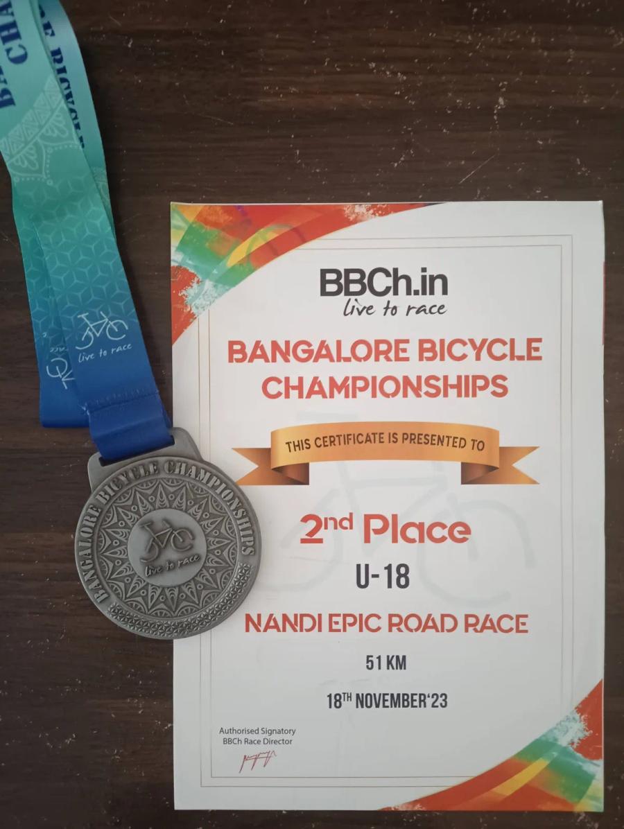 Medal and 2nd place certificate, U-18 Nandi Epic Road Race, 51 km, Bangalore Bicycle Championships, 18 November 2023