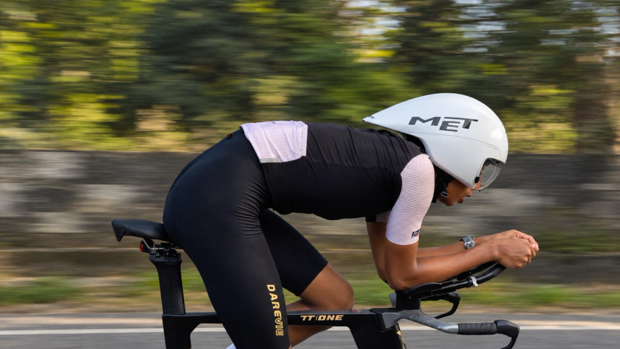 Juan Joy in an aero tuck on his time-trial bike