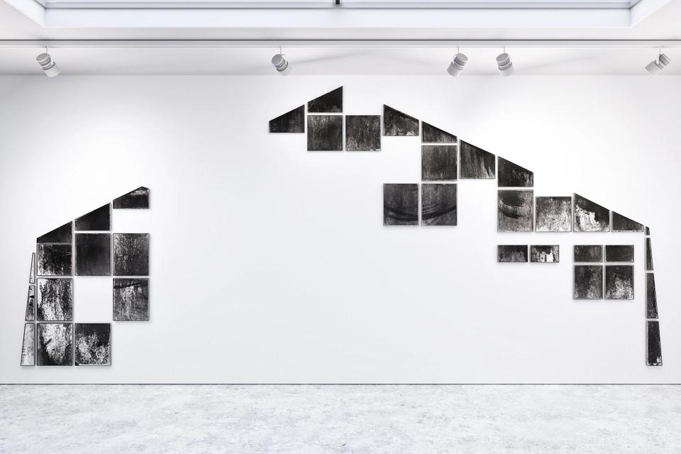 Shelter, 2020 — 38 mixed size (piece scale: 4m x 9.2m) - Silver gelatin hand print (photogram) - Aluminium mount + steel tray frame - Unique