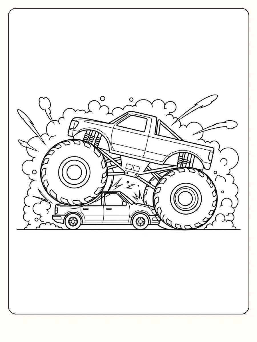 Monstertruck ruller over bil i tegning for fargelegging
