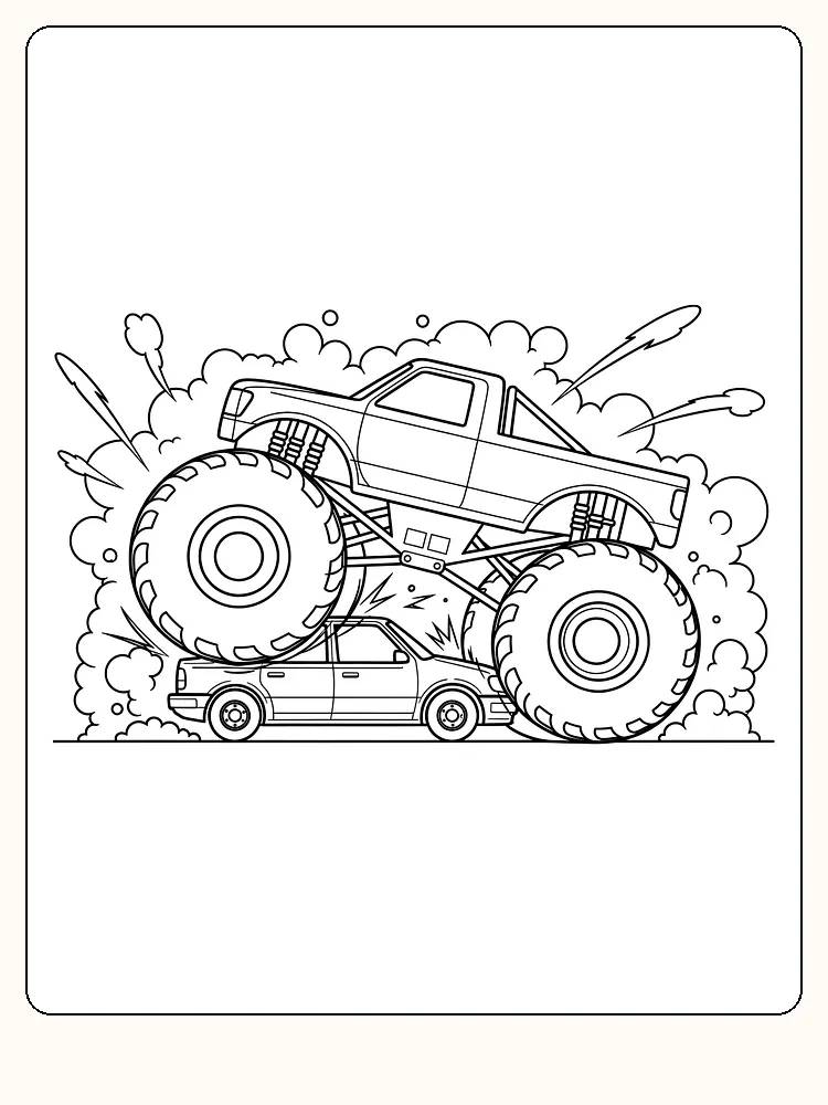 Monstertruck ruller over bil i tegning for fargelegging