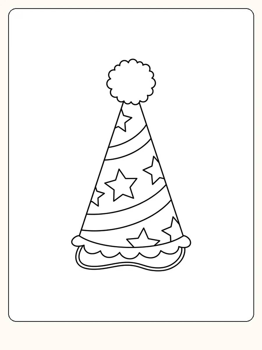 Grand chapeau d'anniversaire avec pompon, étoiles, deux bandes en diagonale, bord ondulé et élastique sur fond blanc