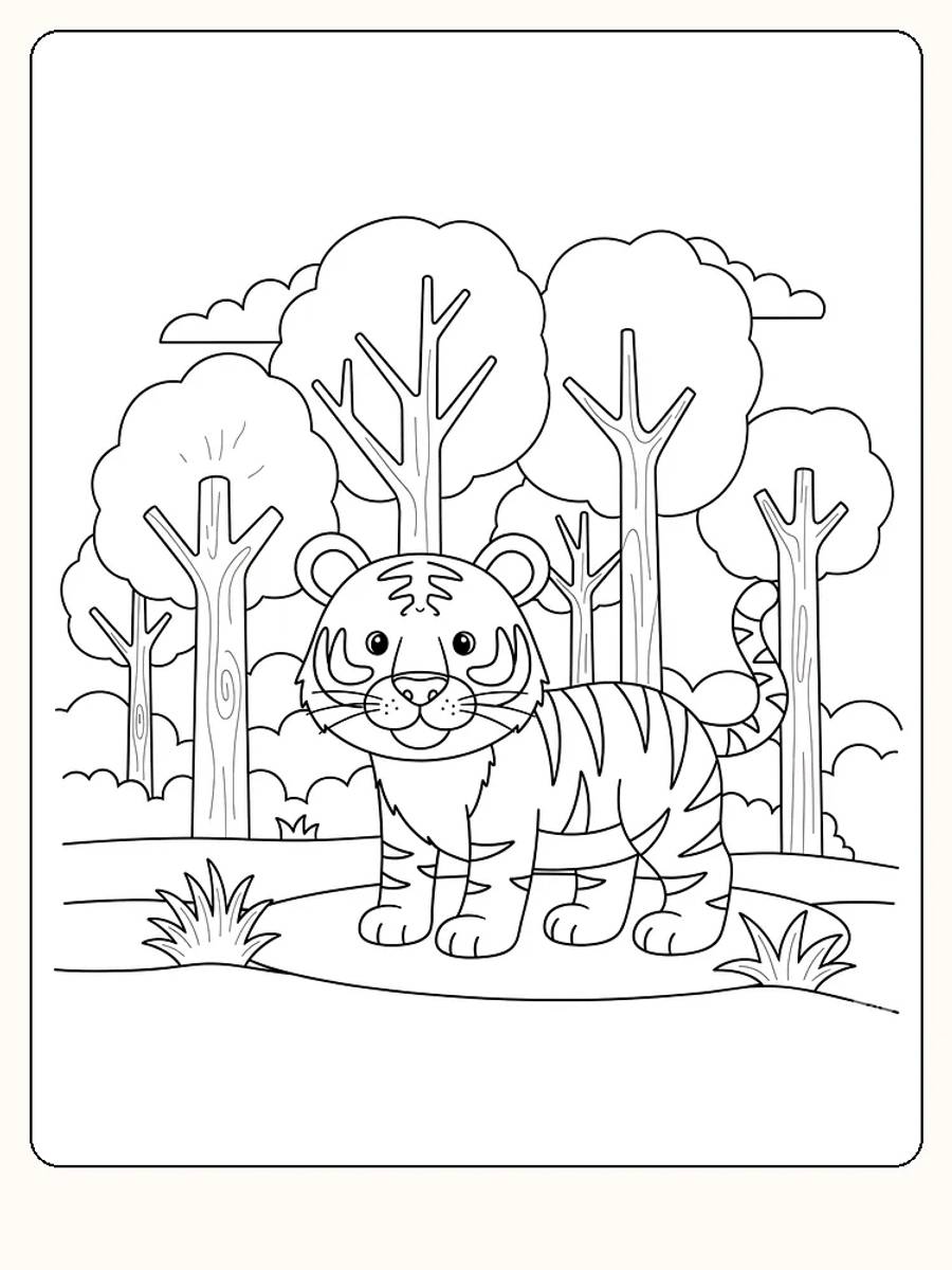Tegning til farvelægning af en tiger i skoven, perfekt til print og farvelægning