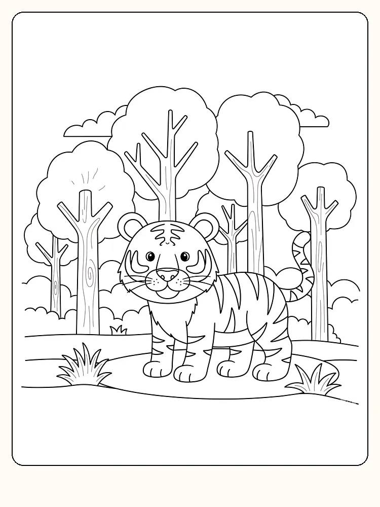 Tegning til farvelægning af en tiger i skoven, perfekt til print og farvelægning
