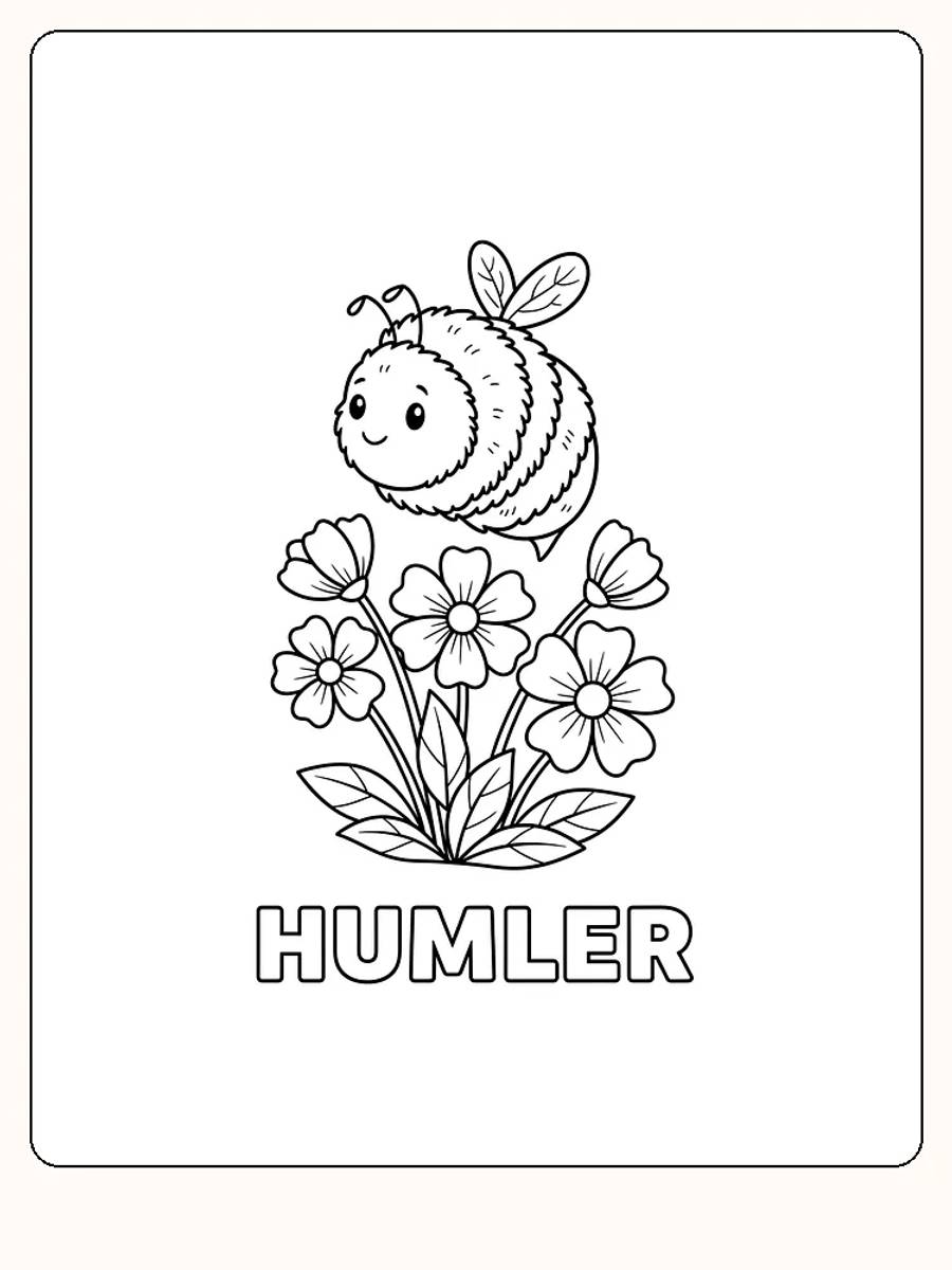 Tegning til farvelægning af en glad humlebi på blomster, klar til print
