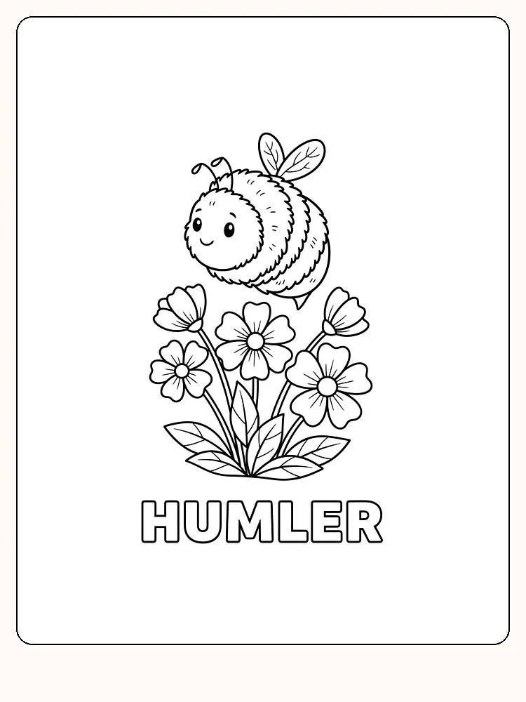 Tegning til farvelægning af en glad humlebi på blomster, klar til print