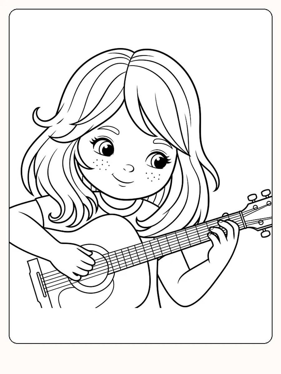 Målarbild av en ung tjej som spelar gitarr, redo för utskrift