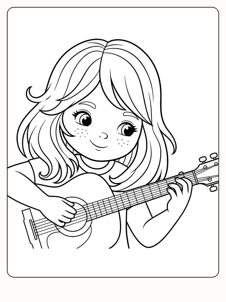 Målarbild av en ung tjej som spelar gitarr, redo för utskrift
