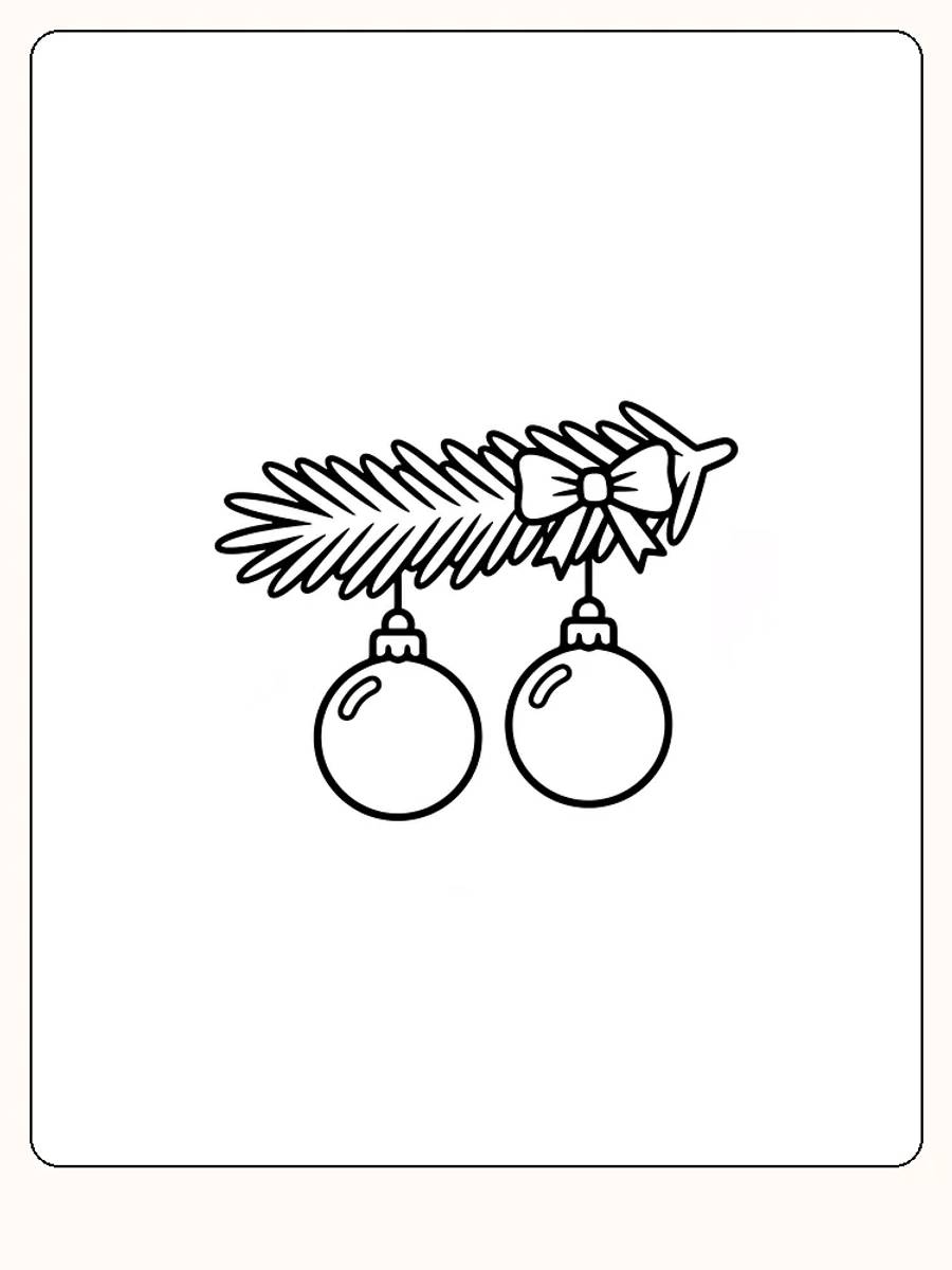 Tegning til farvelægning af juletræspynt med to kugler og grankviste, klar til print