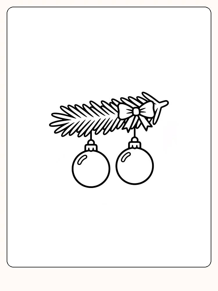 Tegning til farvelægning af juletræspynt med to kugler og grankviste, klar til print