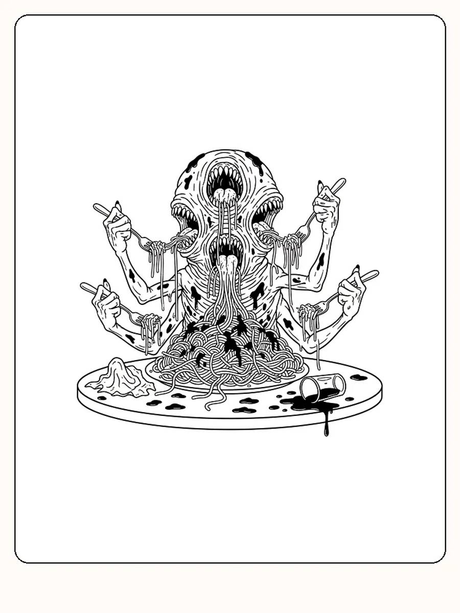 Tegning til farvelægning af et monster, der spiser spaghetti, med flere arme, klar til print