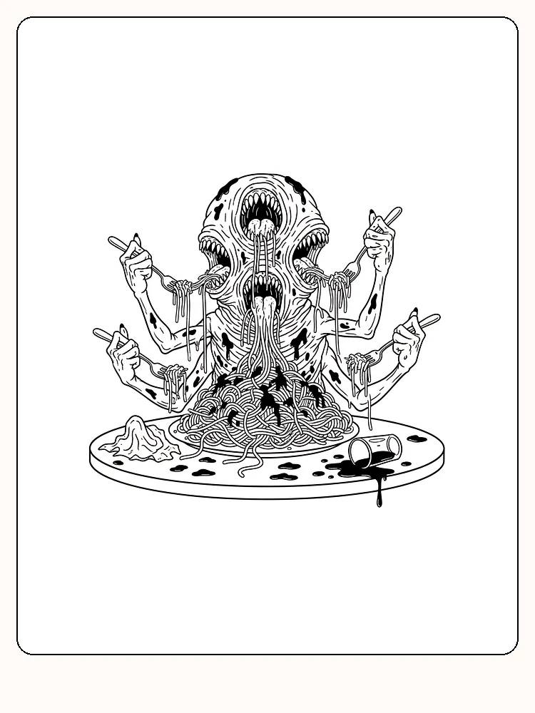 Tegning til farvelægning af et monster, der spiser spaghetti, med flere arme, klar til print