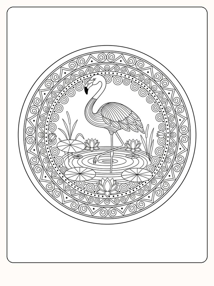 Detaljert mandala med en flamingo i et vannmotiv, klar for fargelegging