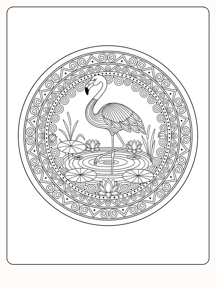 Detaljert mandala med en flamingo i et vannmotiv, klar for fargelegging