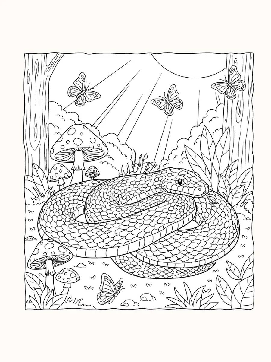 Tegning til farvelægning af en slange i en skov med sommerfugle og svampe, klar til print