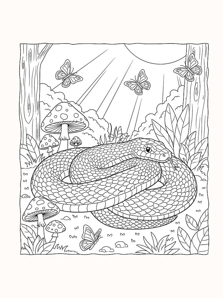 Tegning til farvelægning af en slange i en skov med sommerfugle og svampe, klar til print