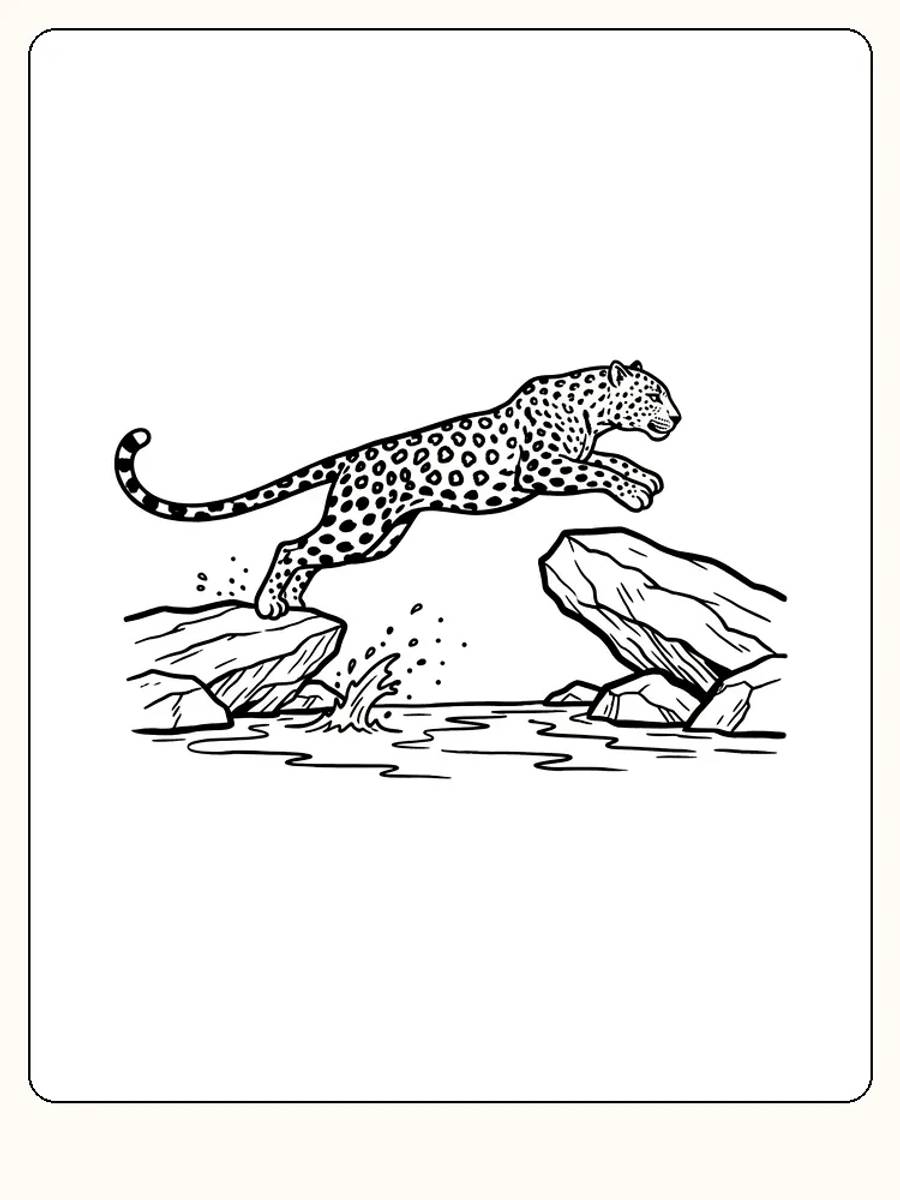 Fargeleggingstegning av en leopard som hopper over en elv