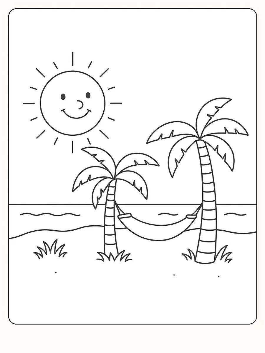 Fargeleggingstegning av strand med palmer og en smilende sol