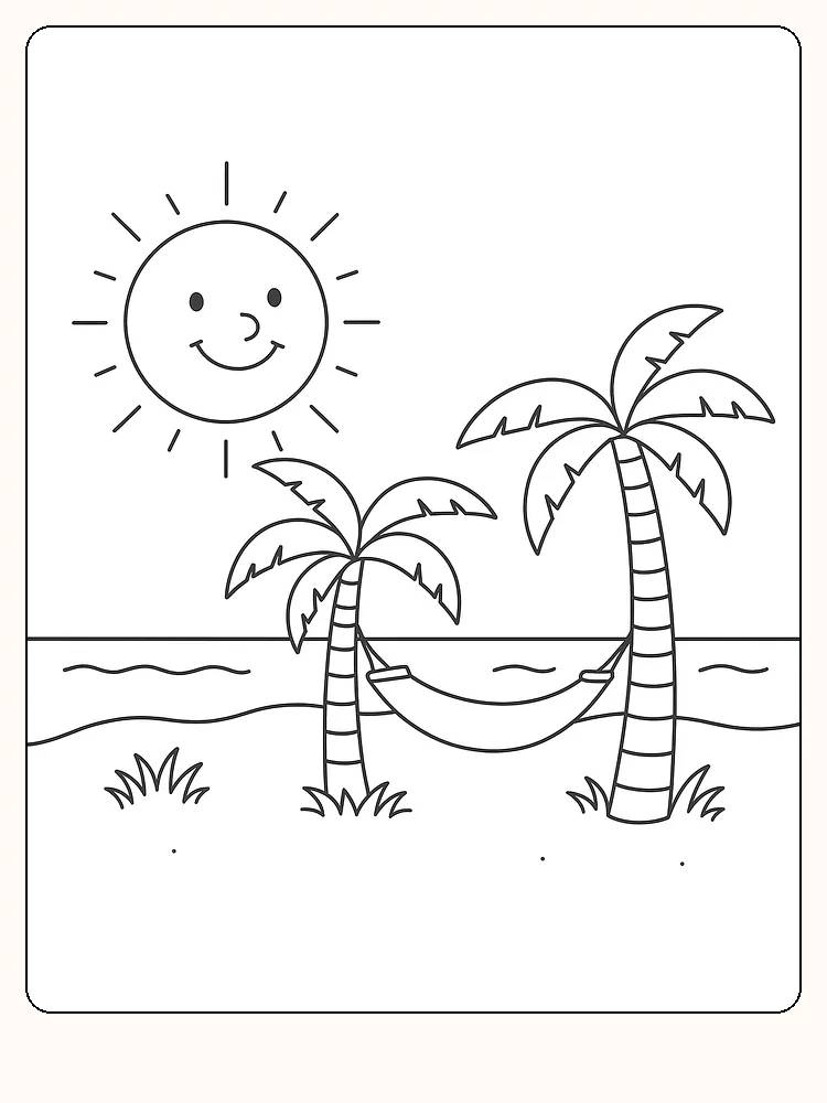 Fargeleggingstegning av strand med palmer og en smilende sol
