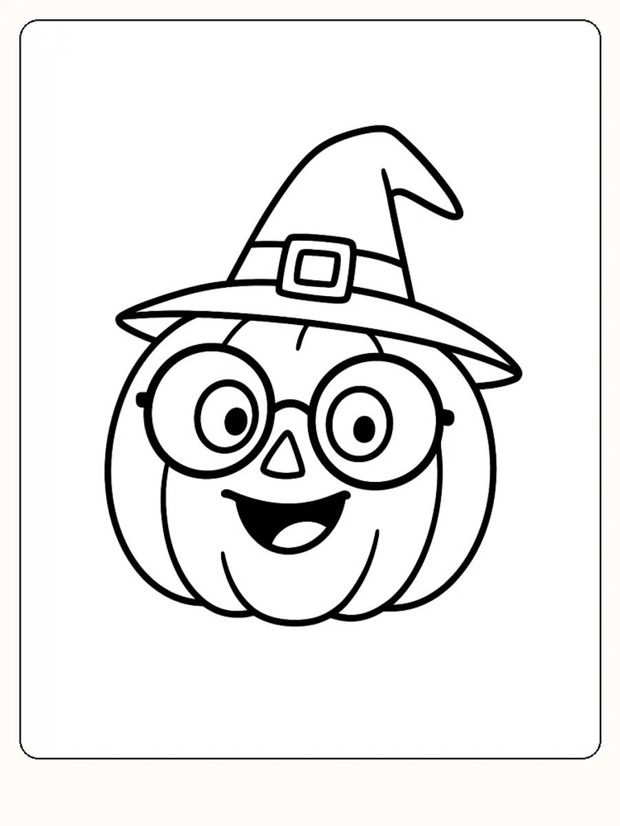 Tegning af et græskar med heksehat og runde briller til farvelægning, klar til halloween-sjov