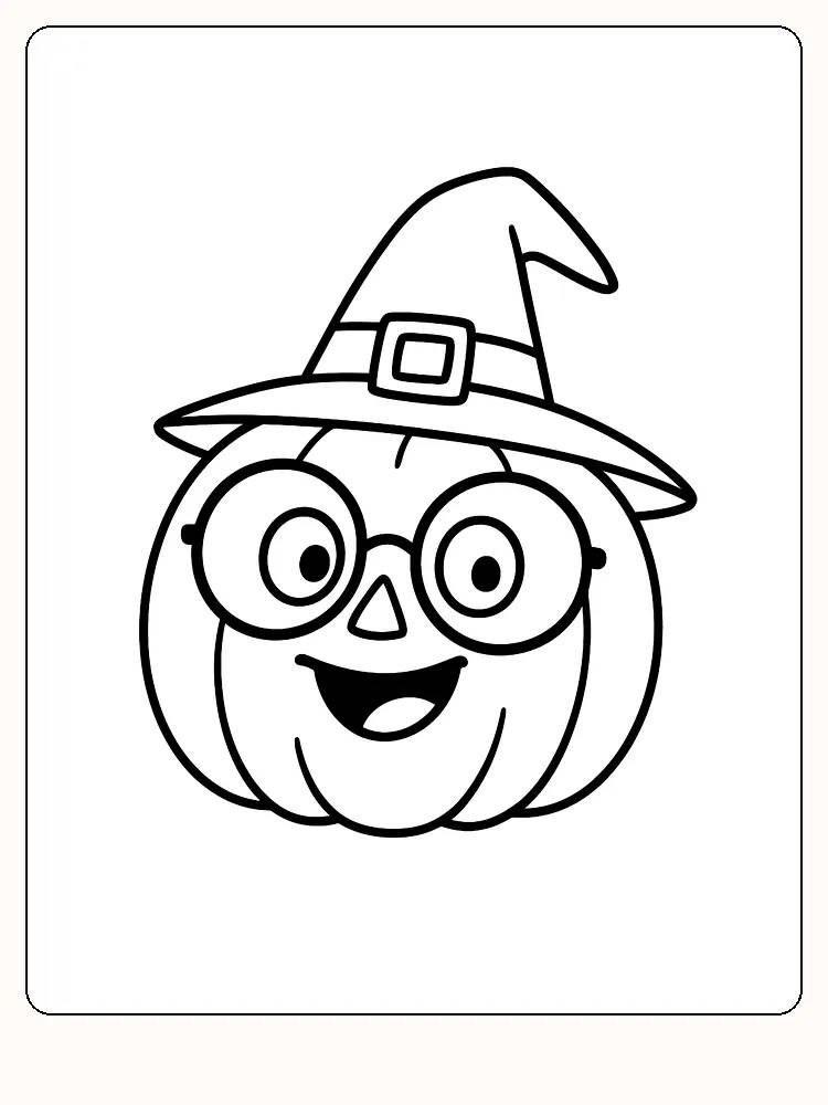 Tegning af et græskar med heksehat og runde briller til farvelægning, klar til halloween-sjov