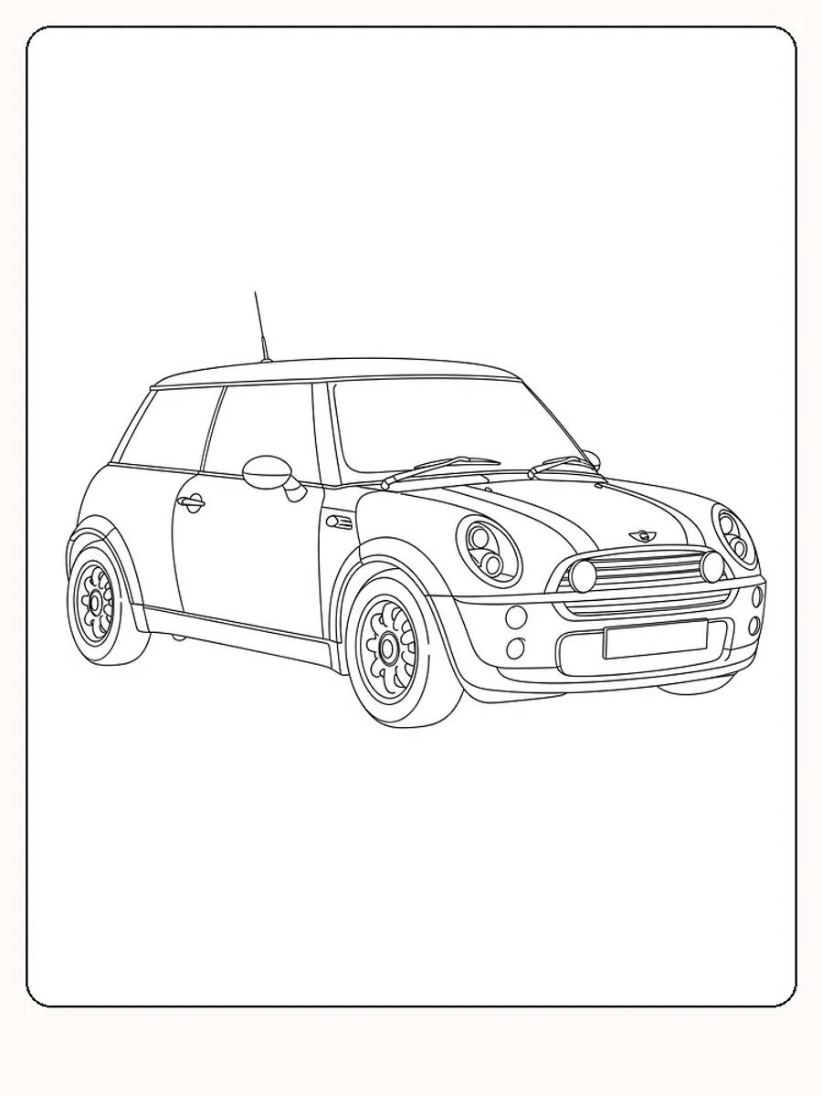 Fargeleggingstegning av en Mini Cooper bil, detaljert med klare linjer, klar for utskrift