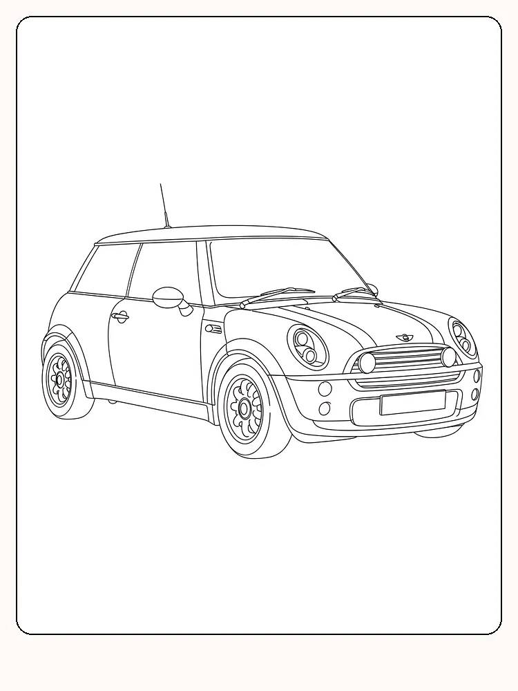 Fargeleggingstegning av en Mini Cooper bil, detaljert med klare linjer, klar for utskrift