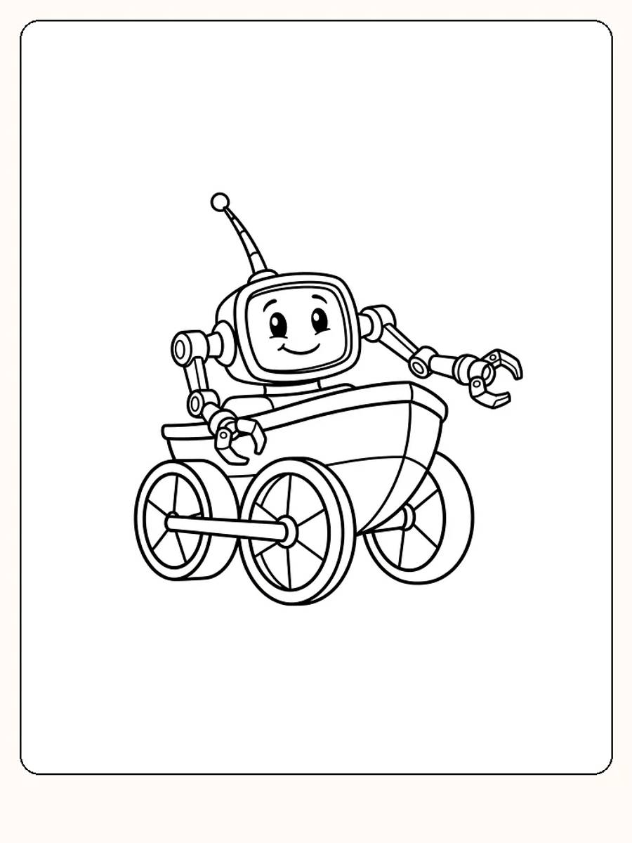 Ausmalbild eines Roboters mit Rädern und einer Antenne, bereit zum Ausdrucken