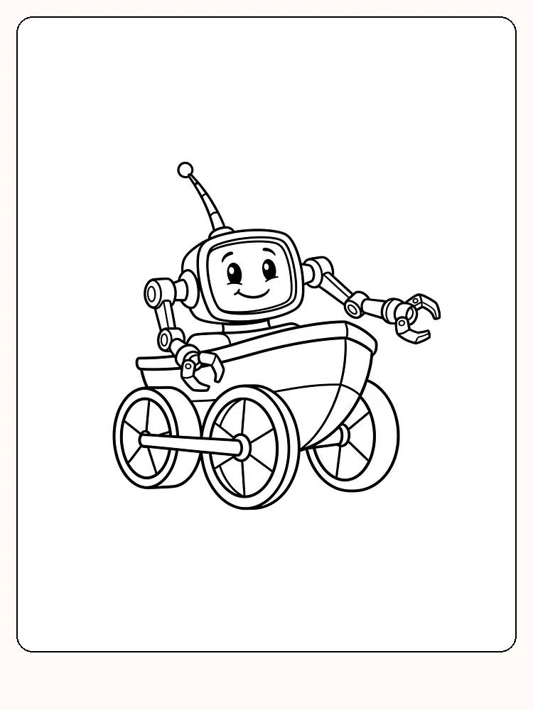 Ausmalbild eines Roboters mit Rädern und einer Antenne, bereit zum Ausdrucken