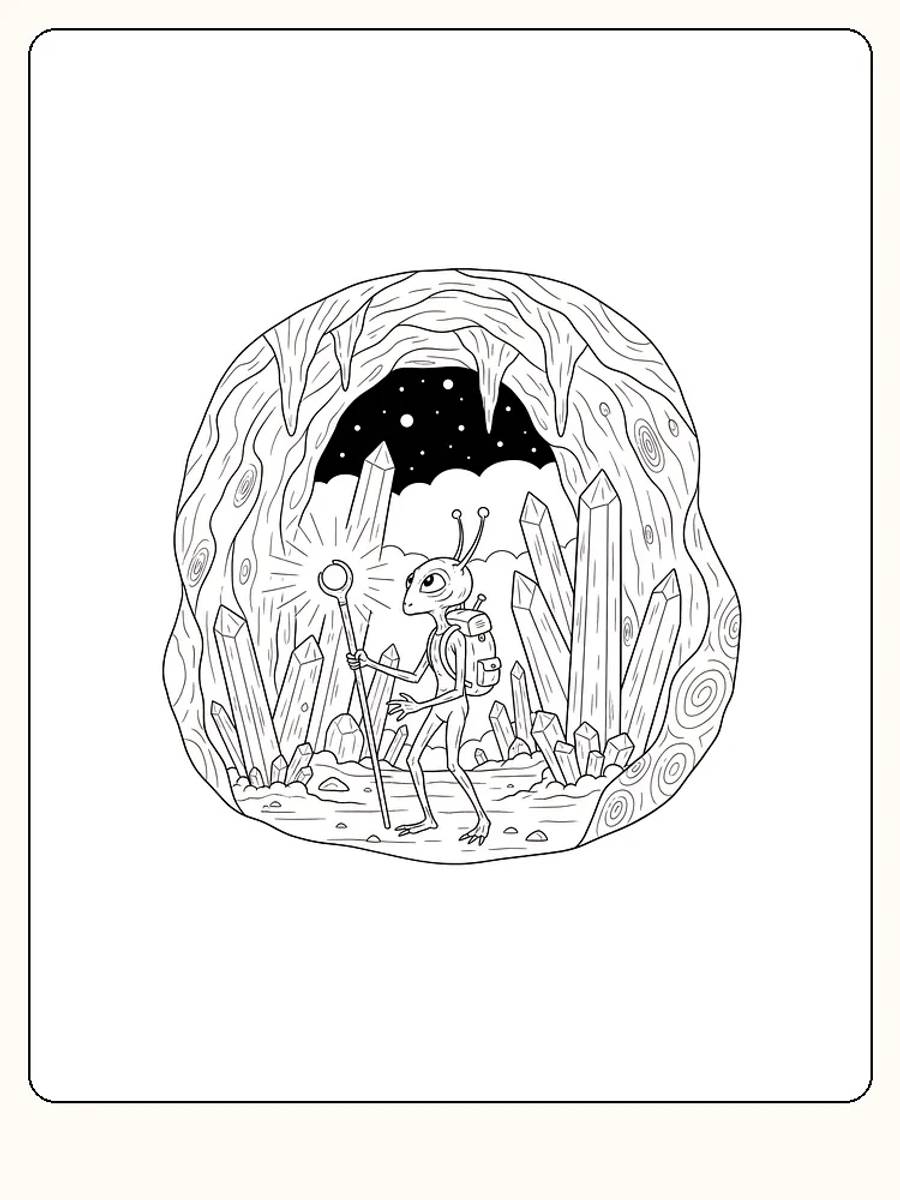 Tegning til farvelægning af en alien med stav i en krystalhule, klar til print