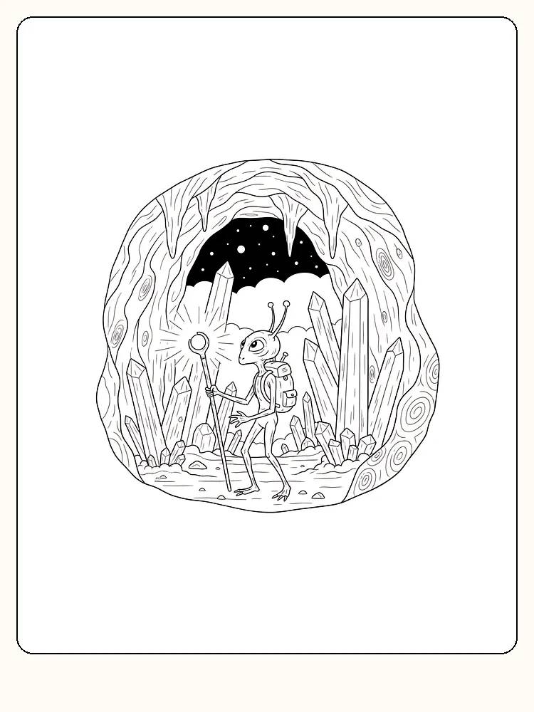 Tegning til farvelægning af en alien med stav i en krystalhule, klar til print