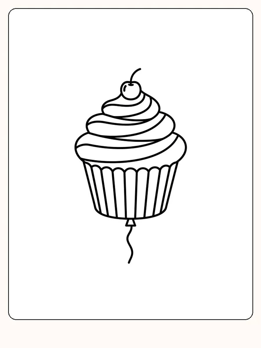 Tegning til farvelægning af en muffin med kirsebær på toppen og en ballon, klar til at blive farvelagt
